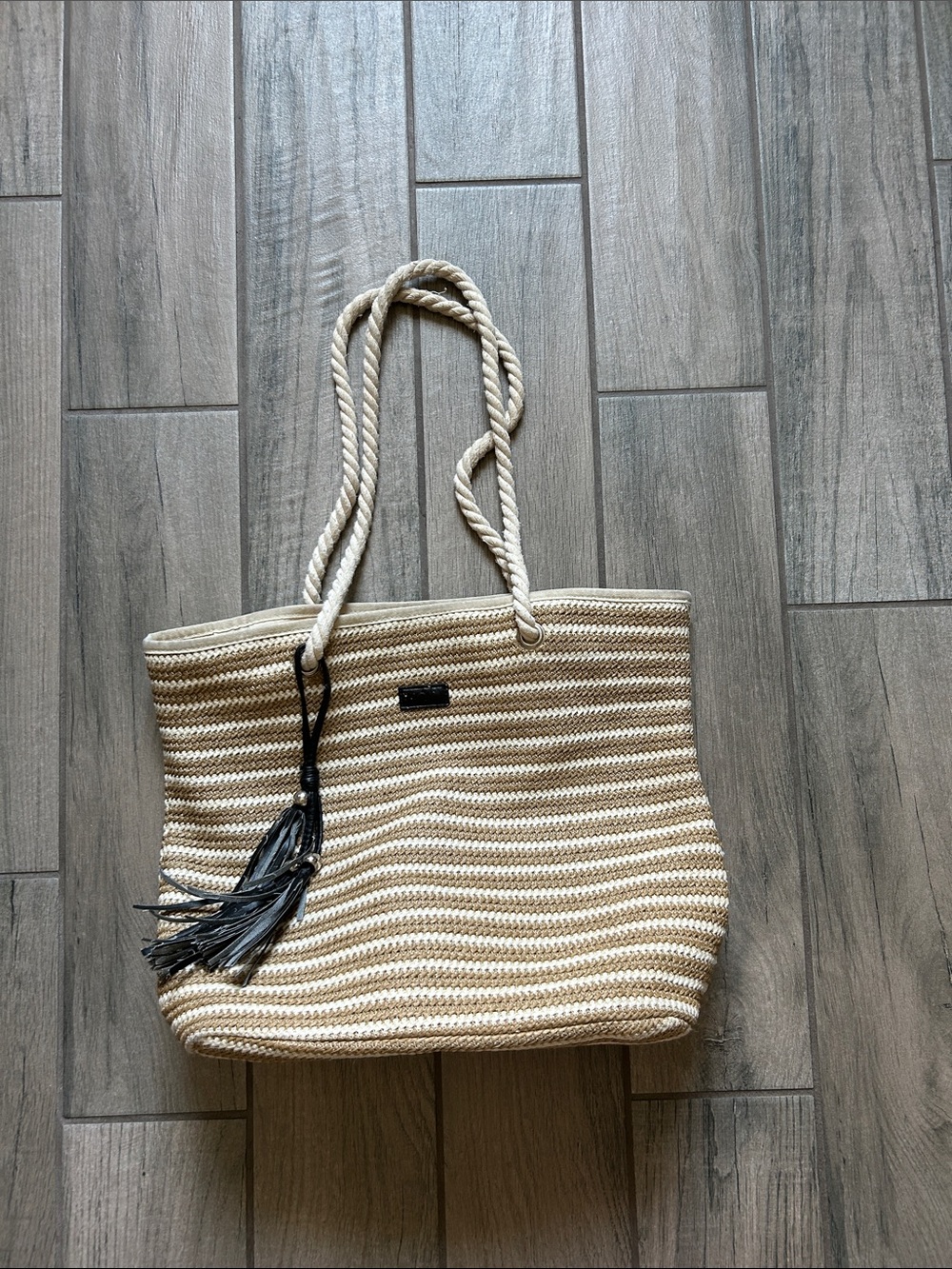 Rip Curl Beige and White Striped Rope Tote with Black Tassel